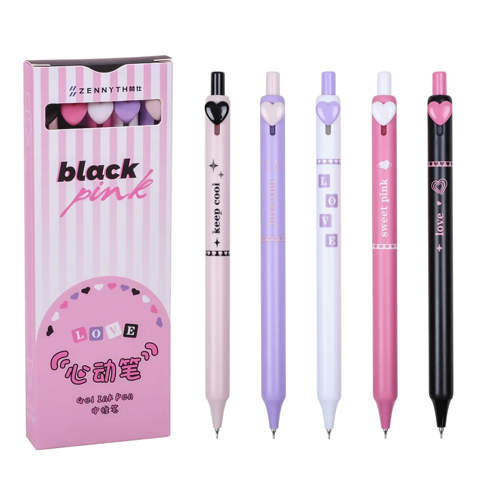 

5pcs/box Black Pink Press Gel Pen Business Signature Pen Sweet Love Button 0.5mm Ballpoint Black Color Ink for Writing School