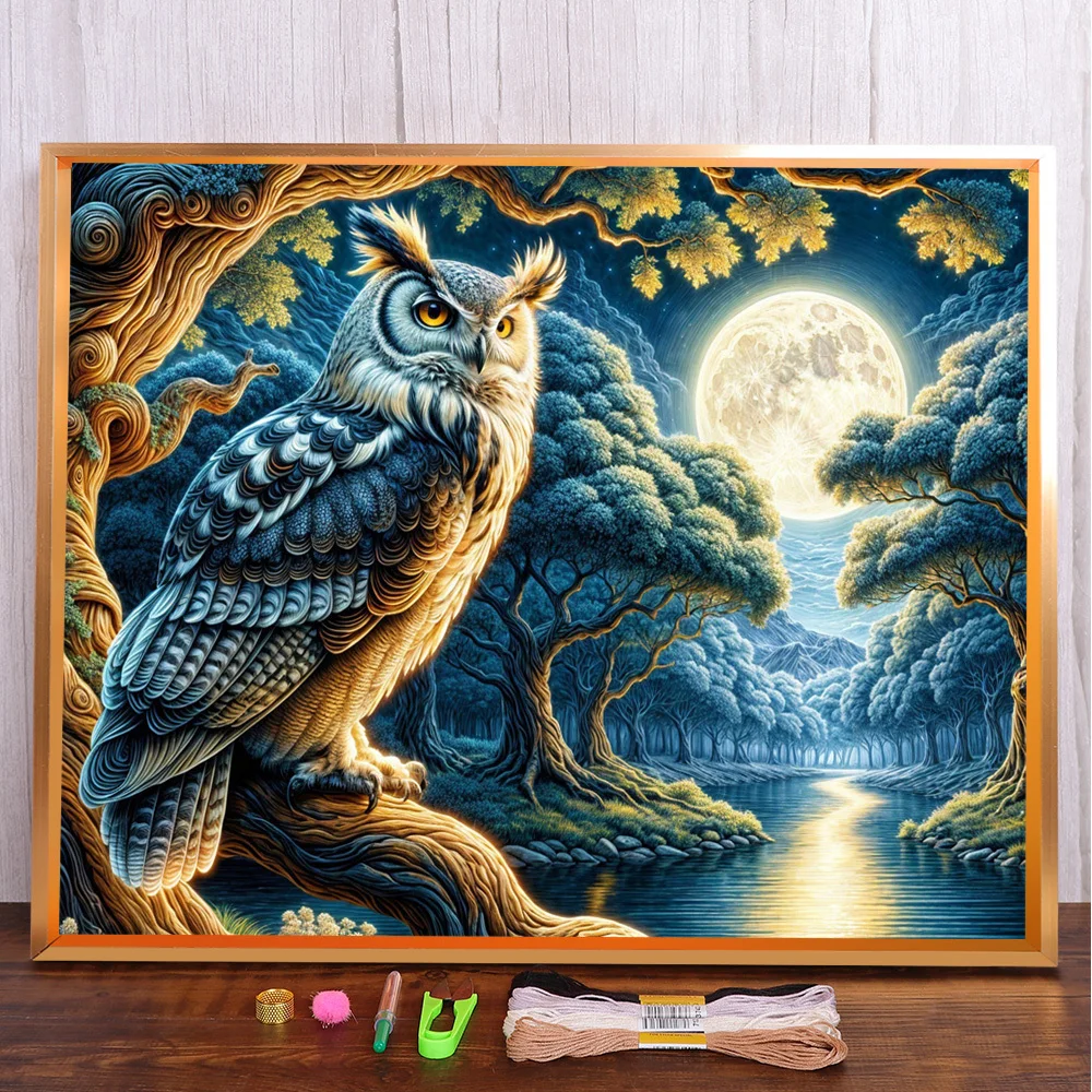 Mond Nachteule vorgedruckt 11CT Kreuzstich Set DIY Stickerei Malerei Stricken Handarbeiten Handwerk gezählt Mulina Paket