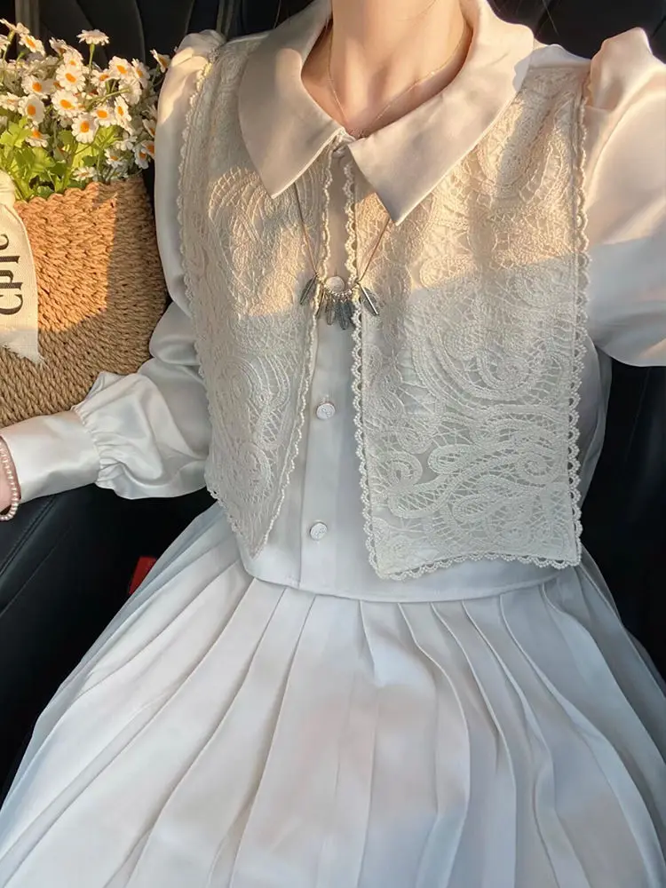 White Fake Two-Piece Top And Two-Piece Skirt Set For Women Lapel Decoration  Hollowed Out Short Sleeved Long Lace
