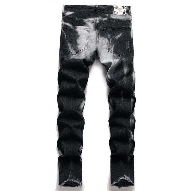 Seasonal Scratched Trouser Feet Men Jeans Worn 3D Splice Slim Black Grey Gradual Color Change Pants Stretch High Street EH·MD®