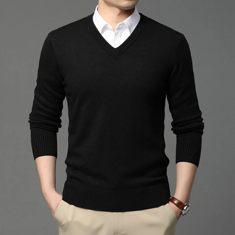 2021 High Quality New Fashion Brand Woolen Knit Pullover V Neck Sweater  Black For Men Autum Winter Casual Jumper Men Clothes