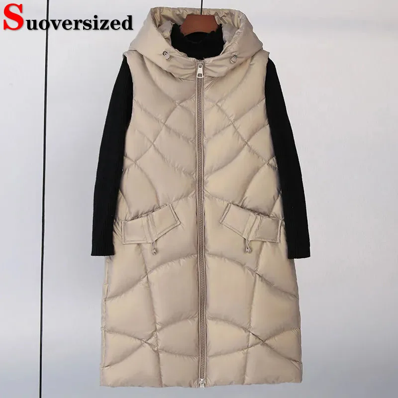 

Loose Mid-length Cotton Parka Winter Oversized 75kg Warm Vests Casaco Hooded Sleeveless Jackets Korean Wmen Casual Waistcoat