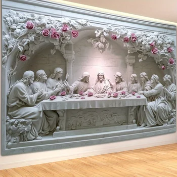 🌹 3D Last Supper Tapestry Wall Hanging – Sacred Baroque Stone Relief with Vining Pink Roses 1