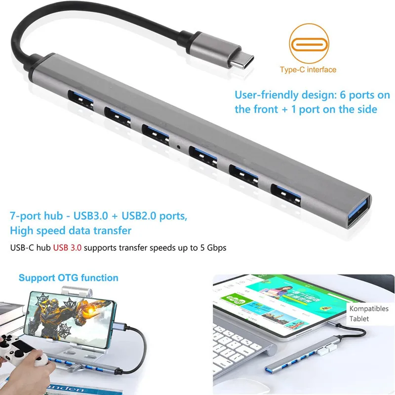 Aluminum Alloy 7-Port USB Hub with 3.0 Multi-Splitter Adapter