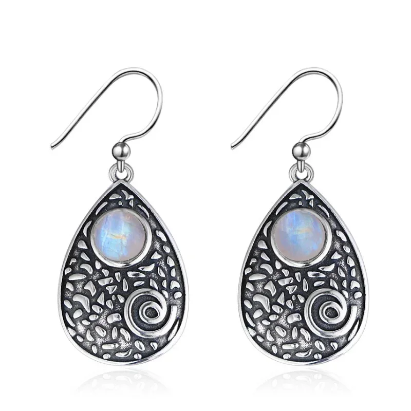 925 Sterling Silver 6MM Natural Moonstone Charoite Beads Earrings DIY Retro Style Drop Earrings Women Fashion Wedding Party