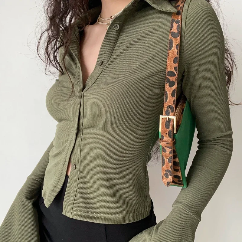 

Women Slim Shirt Polo Lapel Flared Sleeve Blouse Knitted Slim Stretch Long Sleeve Shirt Vintage Solid Color Casual Womens Tops