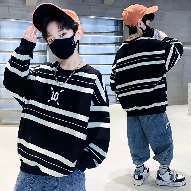 Kids Sweater Hoodie Sweatshirts Spring Autumn Boys Cotton Loose Contrast Striped School Track Pullover Tops 5-16 Years