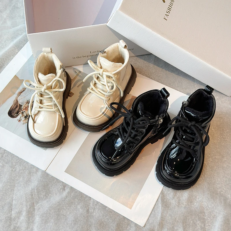 Girls Winter Cotton Boots Black Beige Round Toe Platform