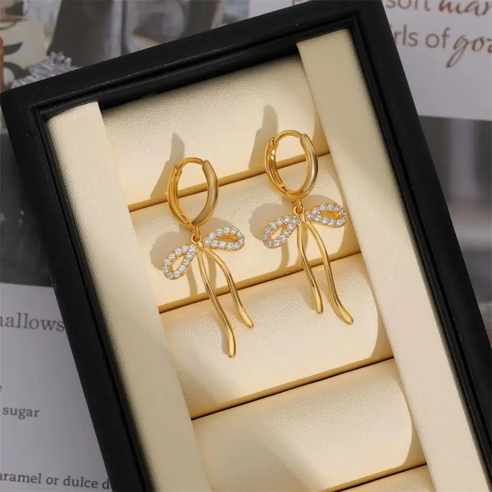 Bowknot Drop Earrings 18K Gold Plated Small Circle Zircon Hoop Huggie Earring Cute Bow Knot Charm Girls's Ear Jewelry Pendientes