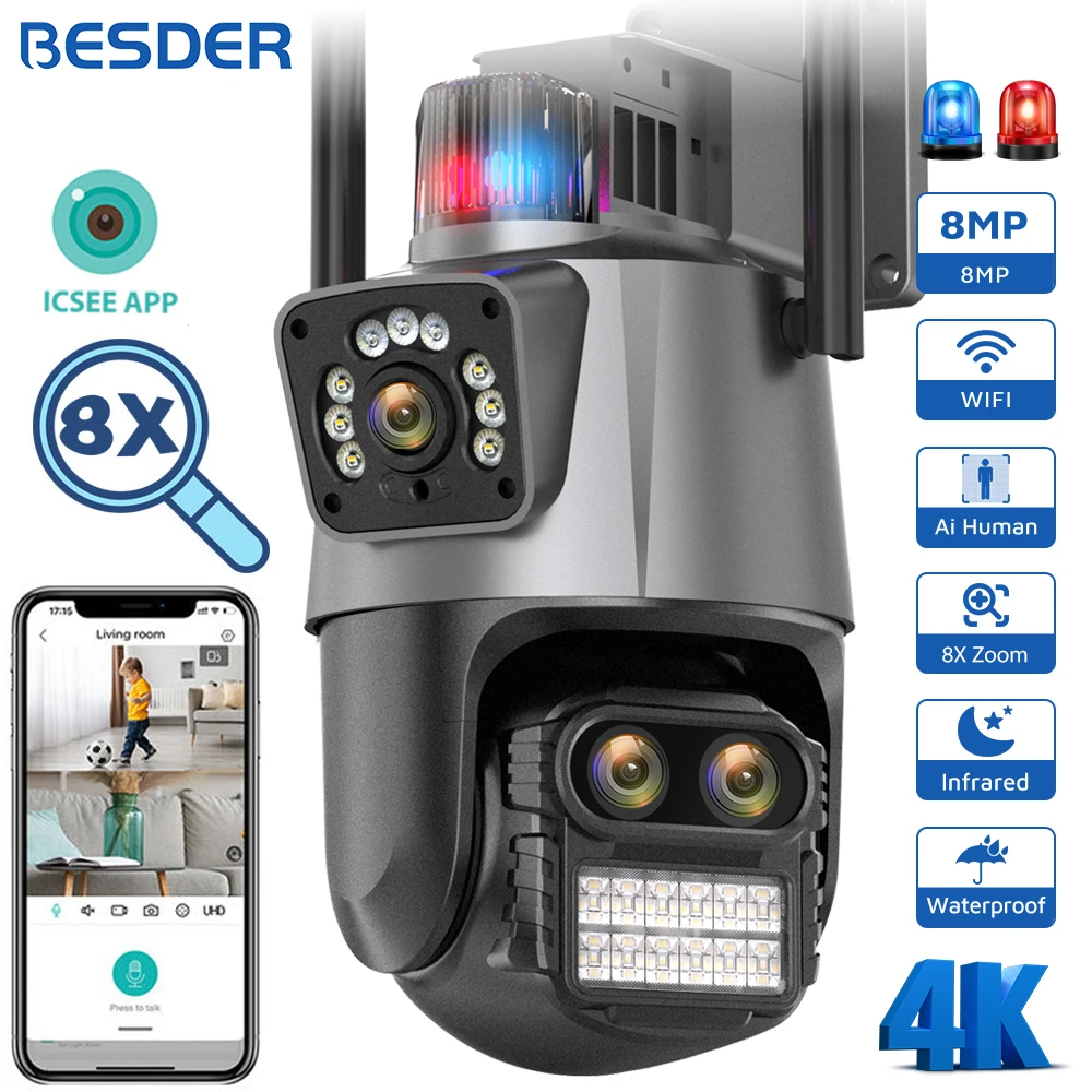 

BESDER 8MP Wifi камера PTZ 8X цифровой зум ночное видение двойной экран наружная 4 МП защита безопасности CCTV ip-камера наблюдения