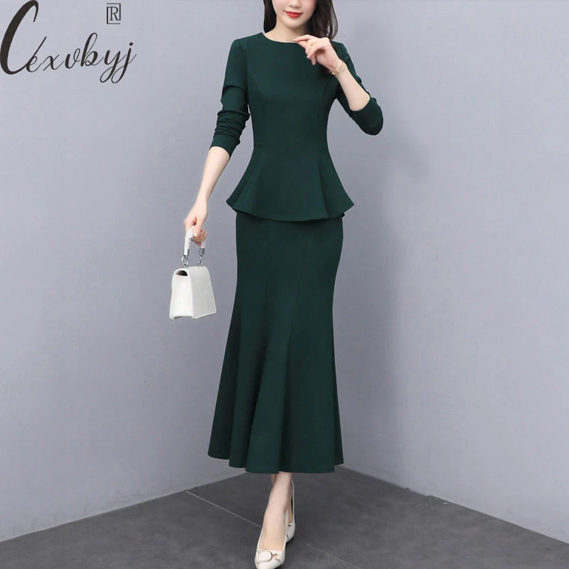 Women Elegant Skirt 2 Peice Suit Korean Fashion Long Sleeve Cropped Pullover+High Waist Mermaid Skirt Outfits Office Lady Set