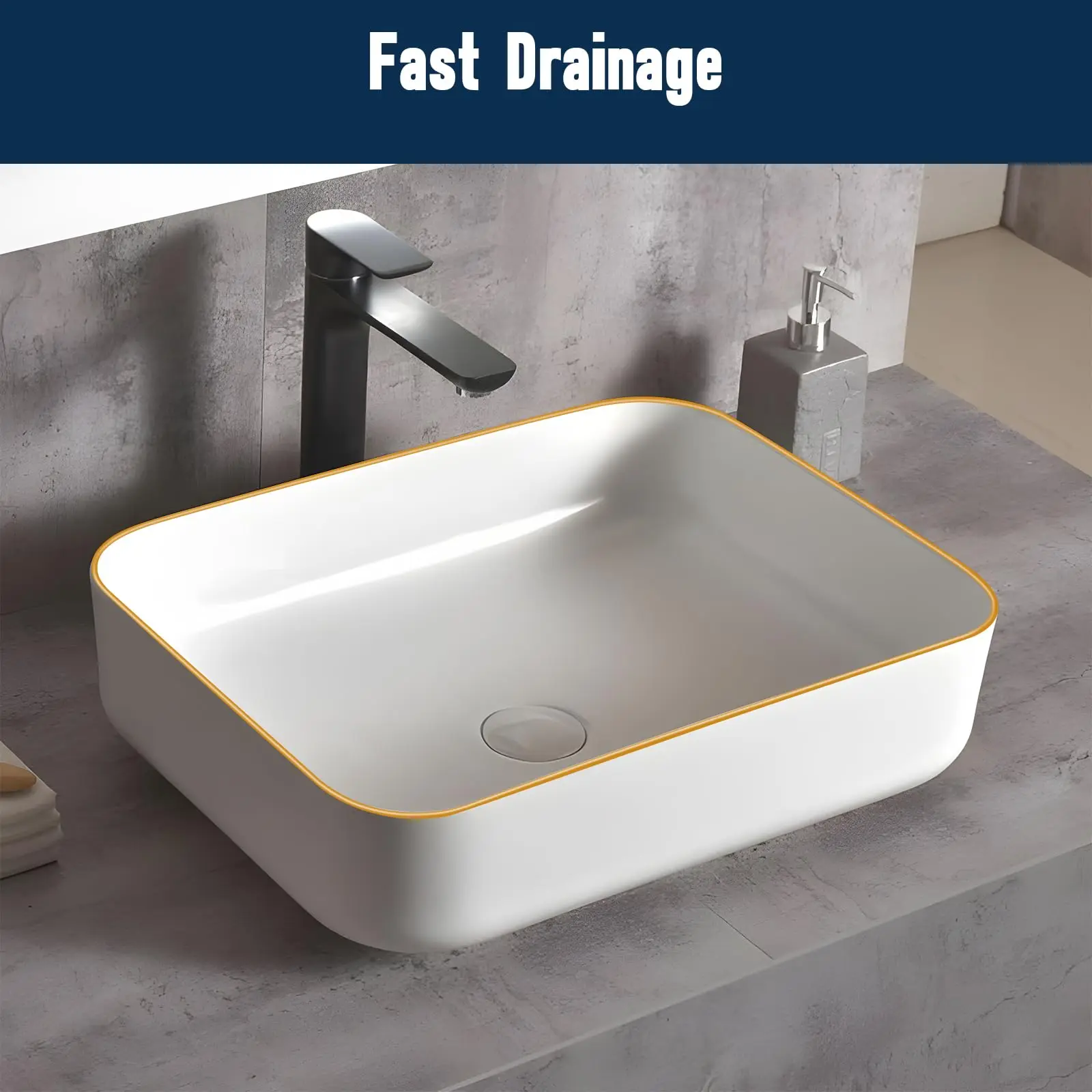 Ceramic Bathroom Sink Rectangular 20 X 16 Inch White Elegant Modern Style Gold Rim Vessel Sink Above Counter, Without Faucet 4