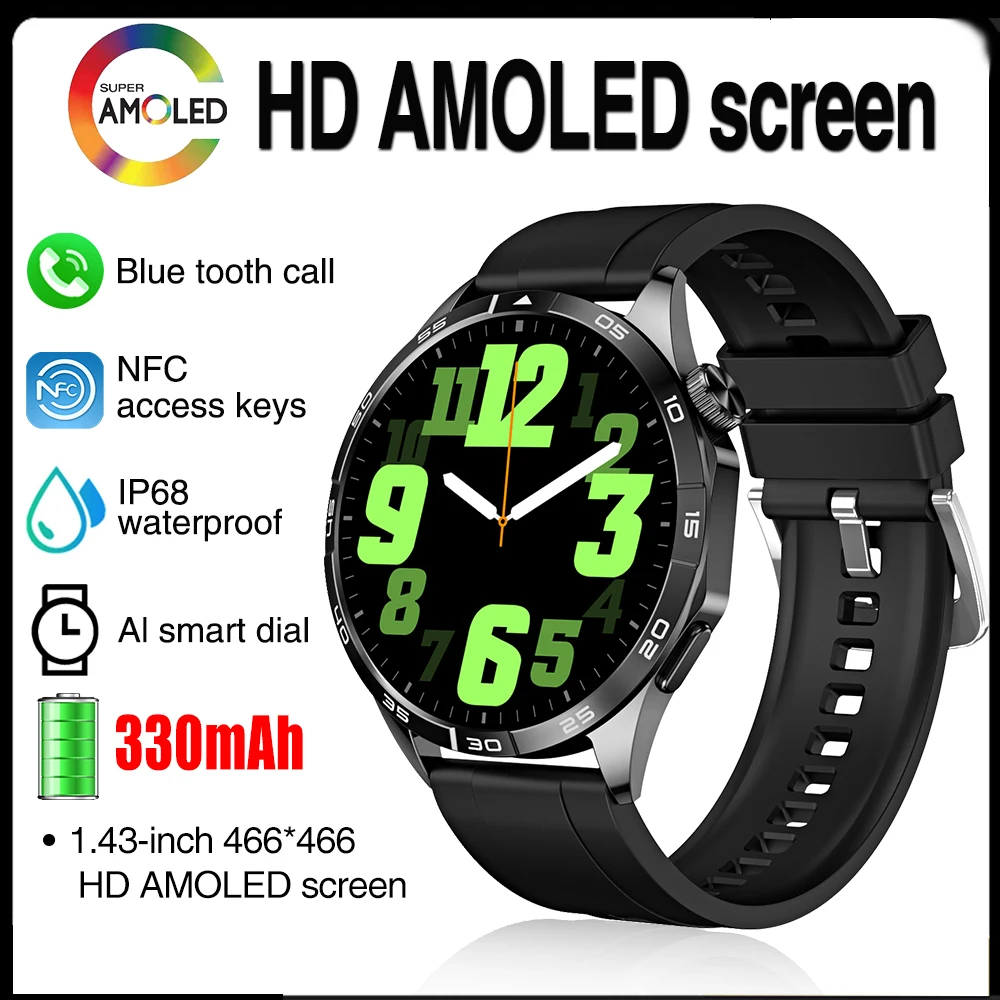 

2024 Smart Watches Men NFC 1.43' AMOLED 466*466 HD Screen Always Displays Blue Tooth Call Smartwatch Fitness Sports Waterproof