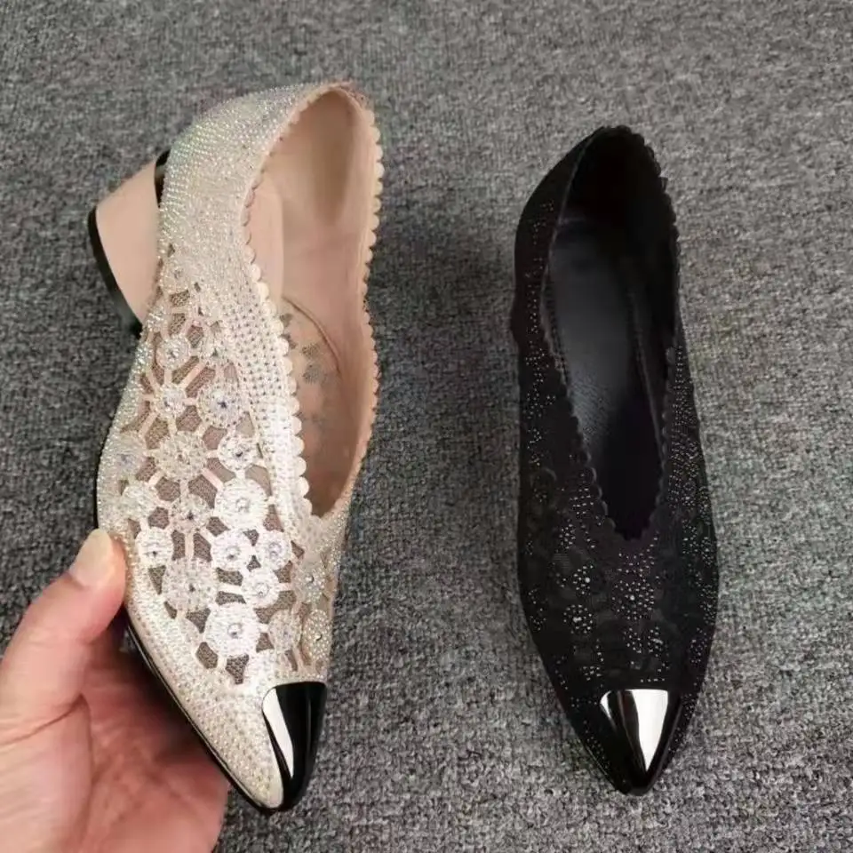 Hot Fashion Spring Rhinodrill Thick High Heel Pointed Black Bow European and American Fashion Mesh Hollow-out Women's Shoes