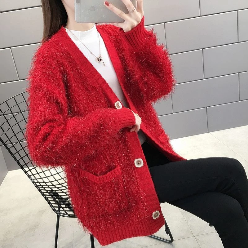 Red Faux Fur Winter Autumn Women Sweaters Trendy Furry Plush V-Neck Long Loose Korean Oversized Jacket Sweater Tops Overcoat cardigan