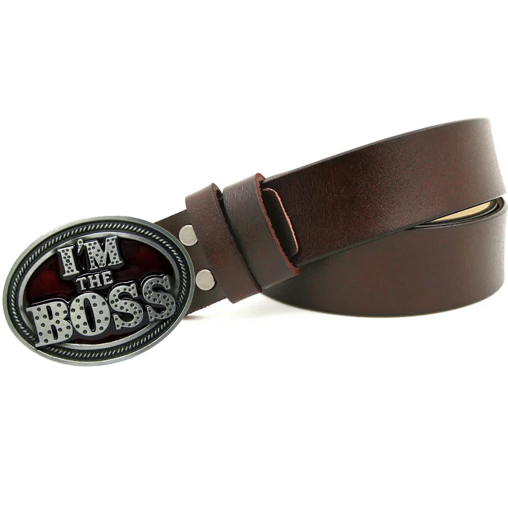 Real Leather Cowskin Men Belts 3.8cm with Zinc Alloy Metal Buckle Head I'm the Boss New Brand Design Male Long Straps cukup 2022 new design men s quality blue nylon belts smooth zinc alloy buckle metal male canvas belt for men cbck196