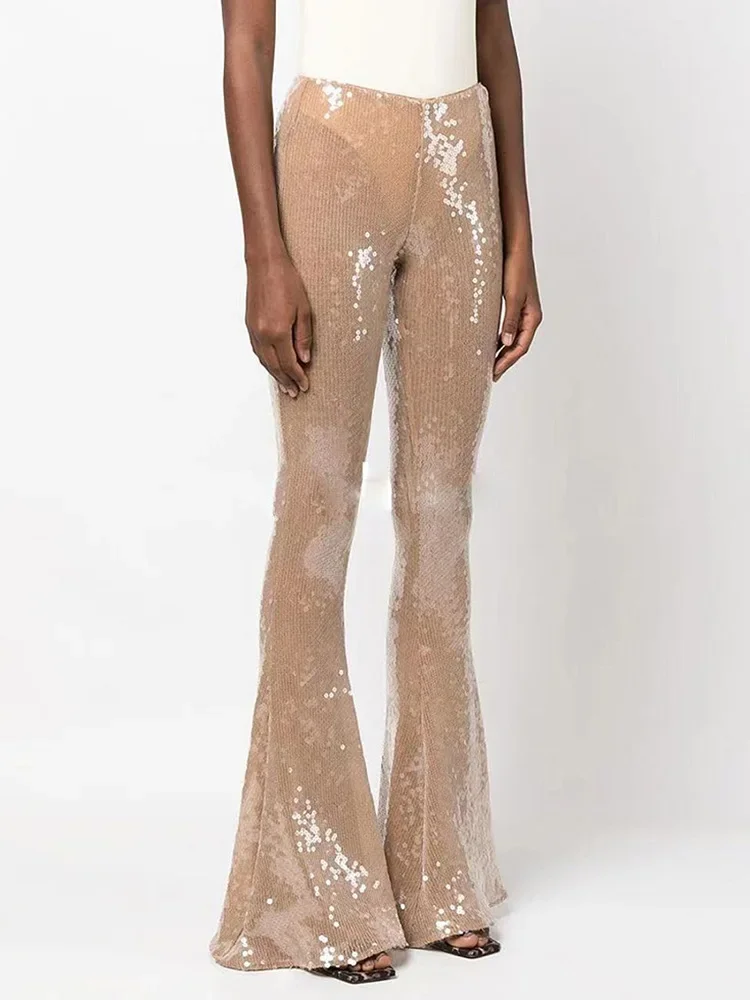 

Sexy Sparkling Sequined Flare Pants Women Khaki Glitter Sequin Wide Leg Pants Sparkling Flared Trousers Party Clubwear Pants