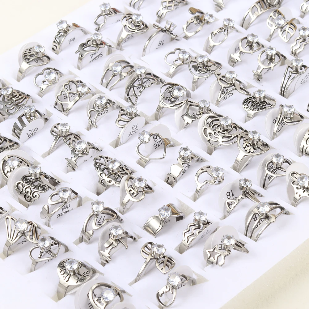 50Pcs/Lot Fashion Classic Zircon Hollow Stainless Steel Ring Women Mixed Style Wedding Engagement Jewelry Party Gifts