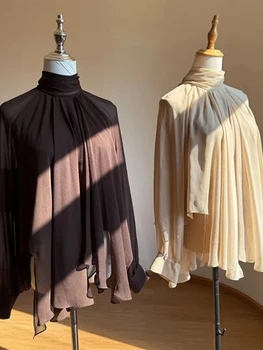 French Ribbon Chiffon Casual Shirts Women Fall Long Sleeve Elegant Office Lady Blouse Female Solid Simple Vintage Bottoming Tops