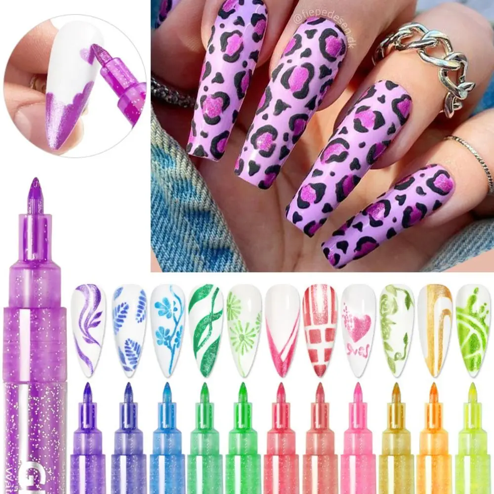 10/12PCS Nail Art Drawing Graffiti Pen Set Gold Silver Pencil Waterproof Painting Liner Oily Brush White Marker Pen Nail Tool 3