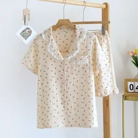 Japanese new style summer cotton short-sleeved shorts pajamas suit women double gauze cute strawberry thin home service women - Image 6