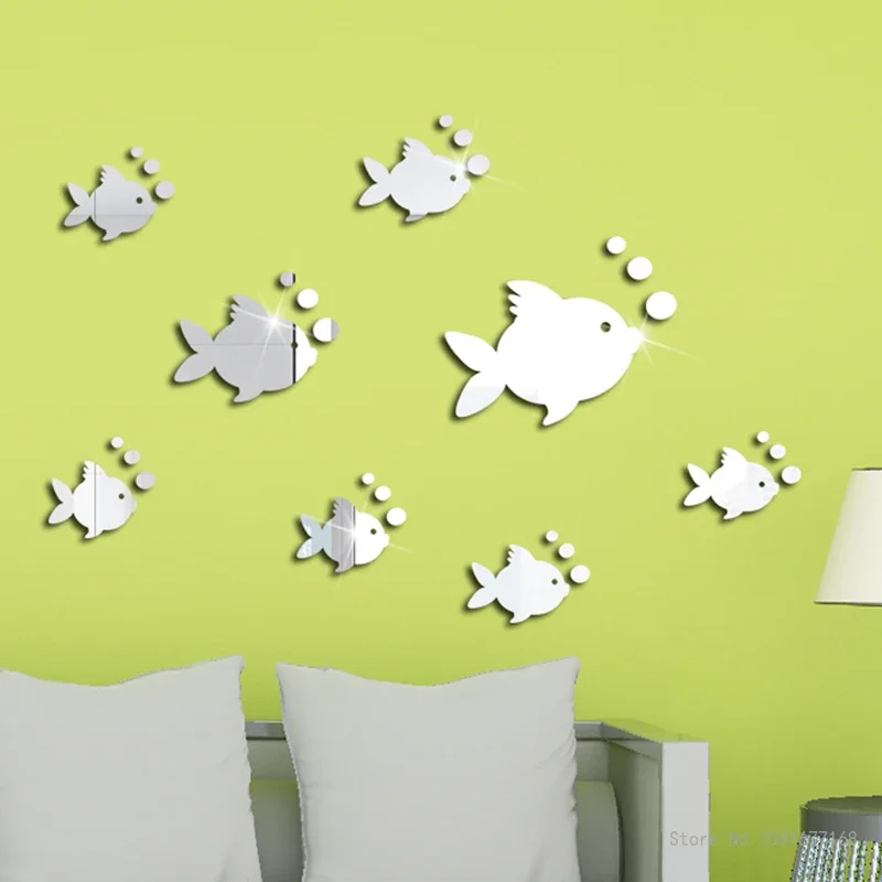 Creative Self-Adhesive Fish Group Decal Blowing Bubbles Acrylic Mirror Wall Home Living Room Kindergarten Decor Waterproof, 2Pcs