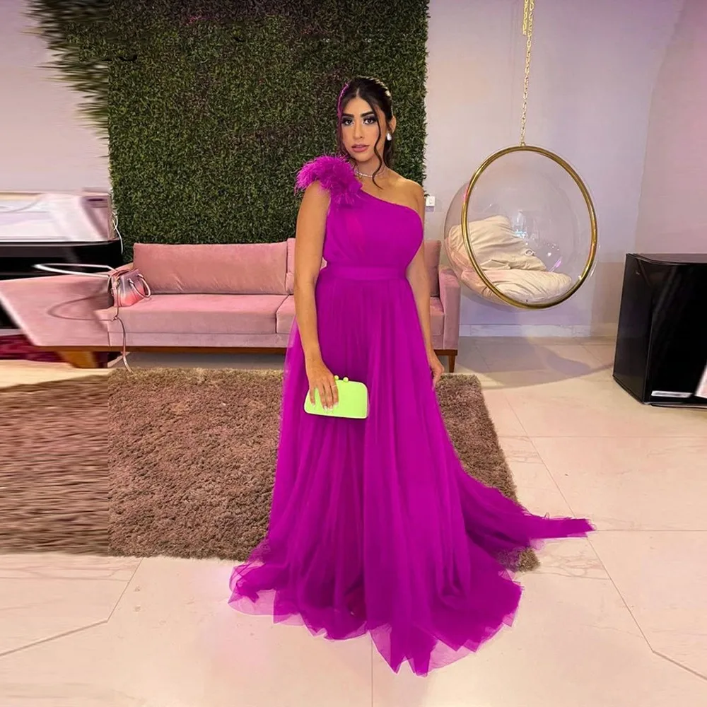

New Arrival Fuchsia Tulle One Shoulder Feathers Evening Dresses Women Floor Length Party Formal Prom Gown Vestidos De Noche