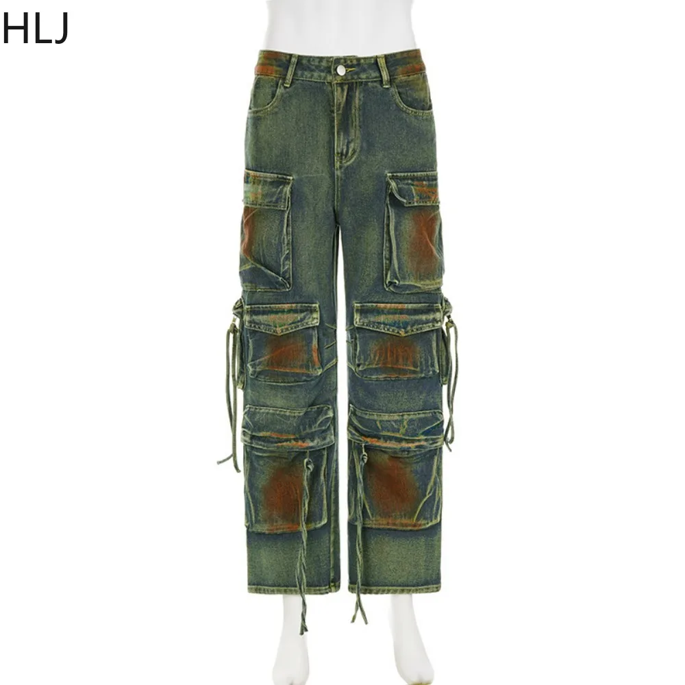 HLJ Vintage Casual Pocket Straight Denim Pants Women High Waist Button Jean Trousers Autumn Female Cowboy Matching Bottoms 2023