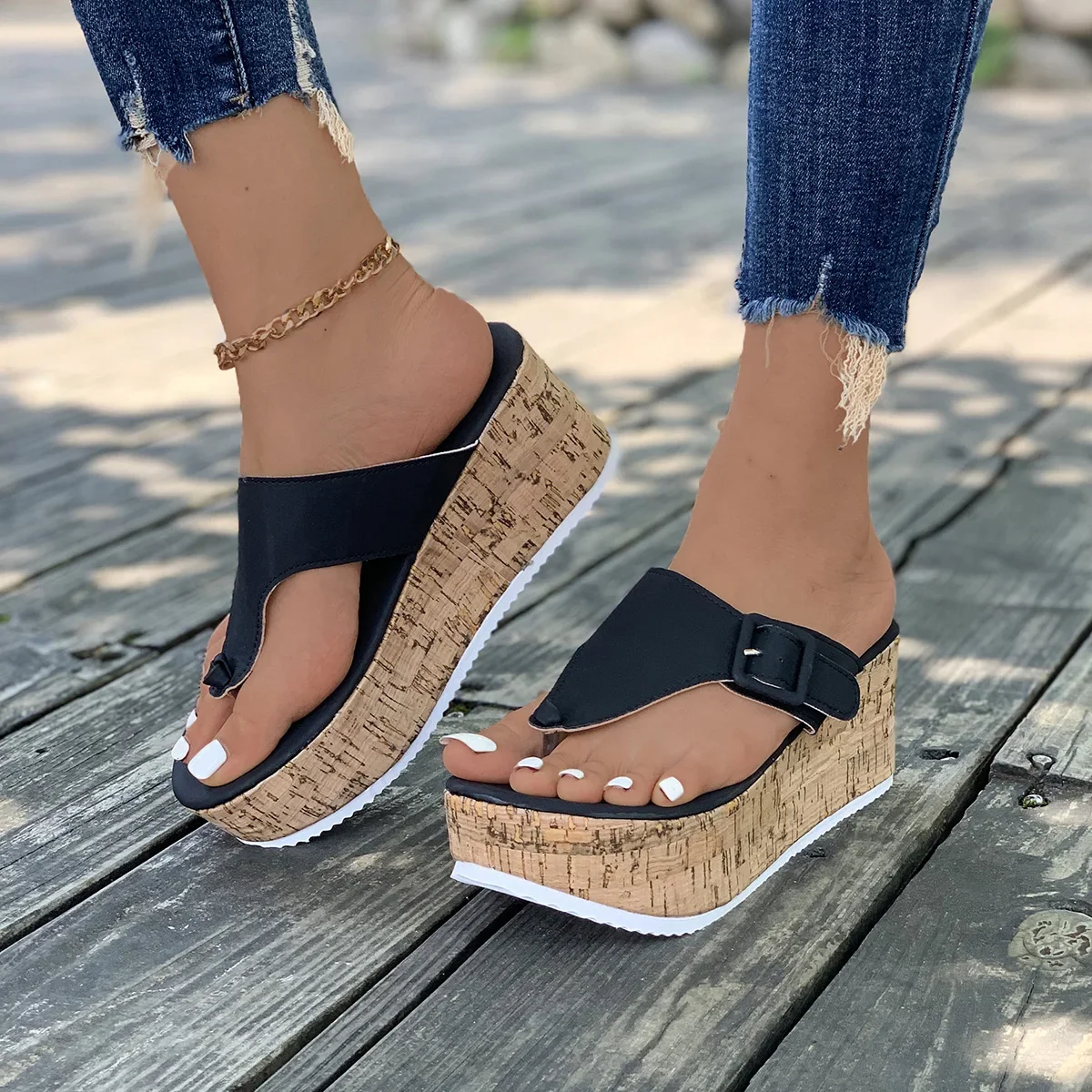 

Women Summer Flip Flops Shoes Female Wedge Platform Sandal Slip On Buckle Decor Non-slip Platform Wedge Slides Shoes