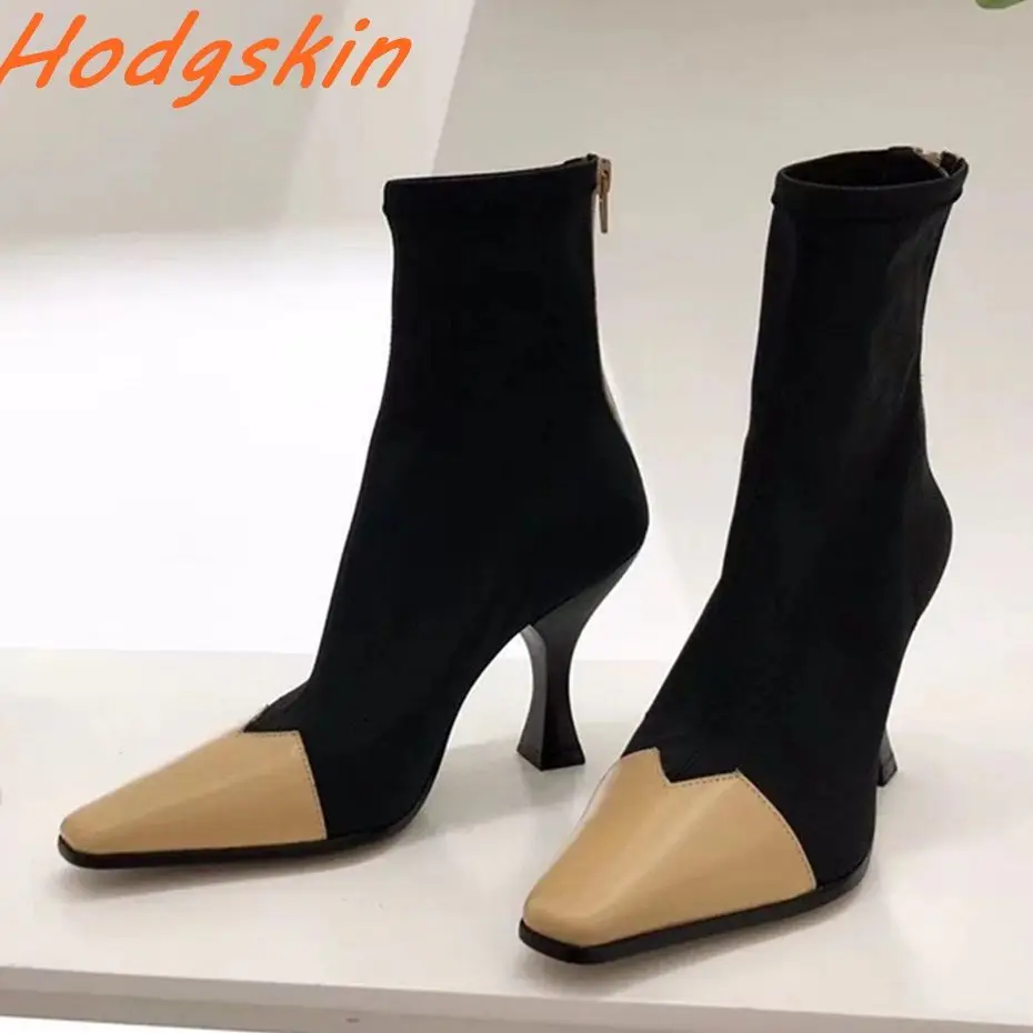 

Mixed Colors Sock Boots Pointed Toe Zipper Stiletto Heels Stretch Boots Newest Classic Casual Fashion Mid Calf Women Boots