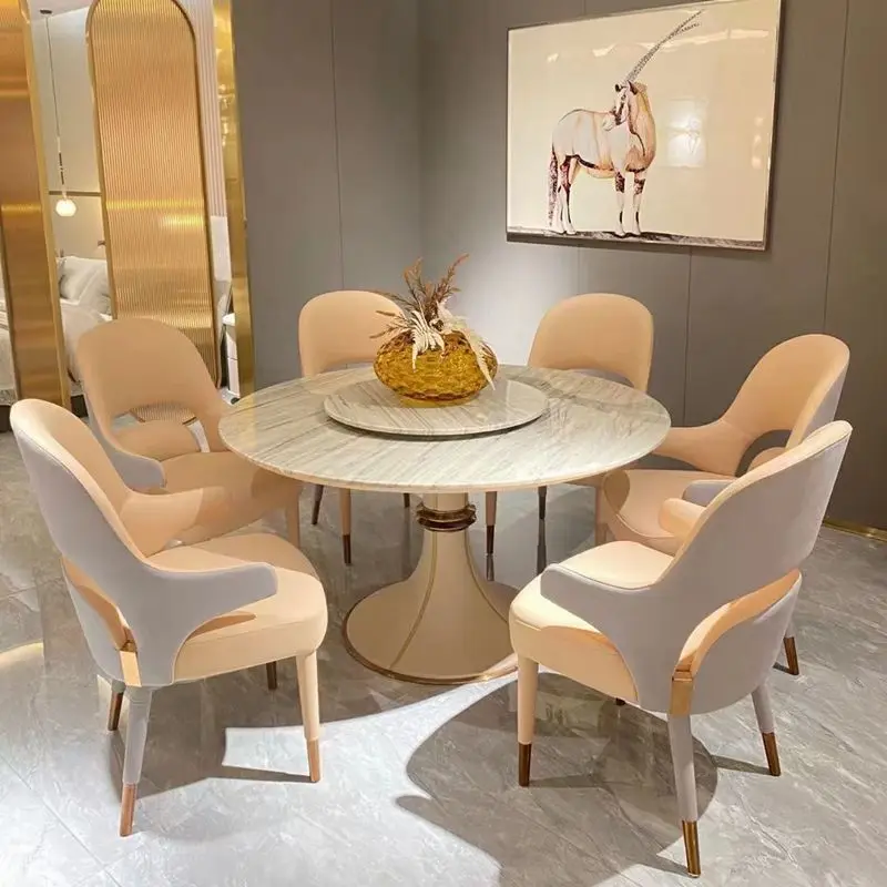 

Luxury Light Coffee Custom Round Natural Marble Kitchen Glass Villa Dining Table Console Stainless Steel Hotel Furnitures