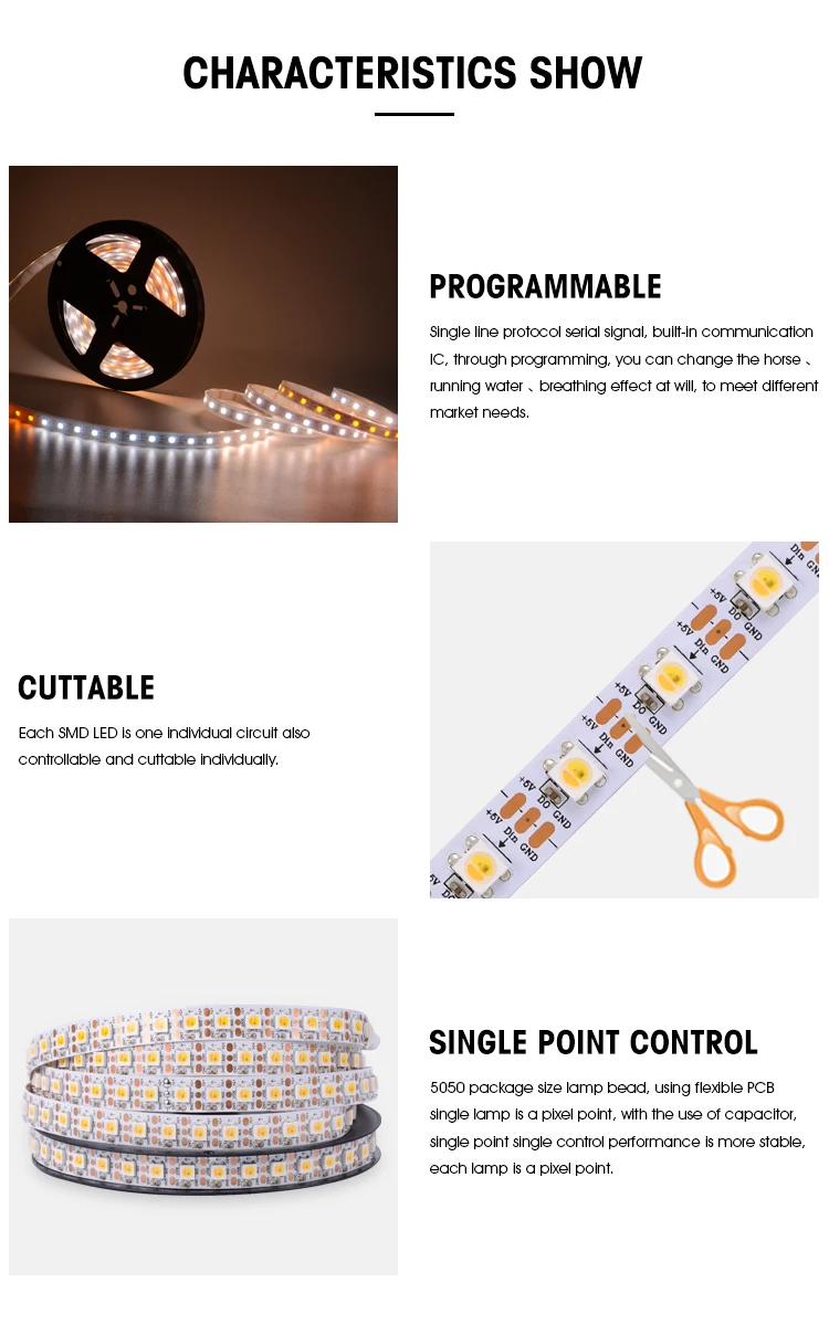 SK6812 / WS2812 / XT1511-WWA Warm White Cool White Amber 5050 SMD 5050 Rgb LED Strip Cob LED Strip 24V Water Proof LED Strip