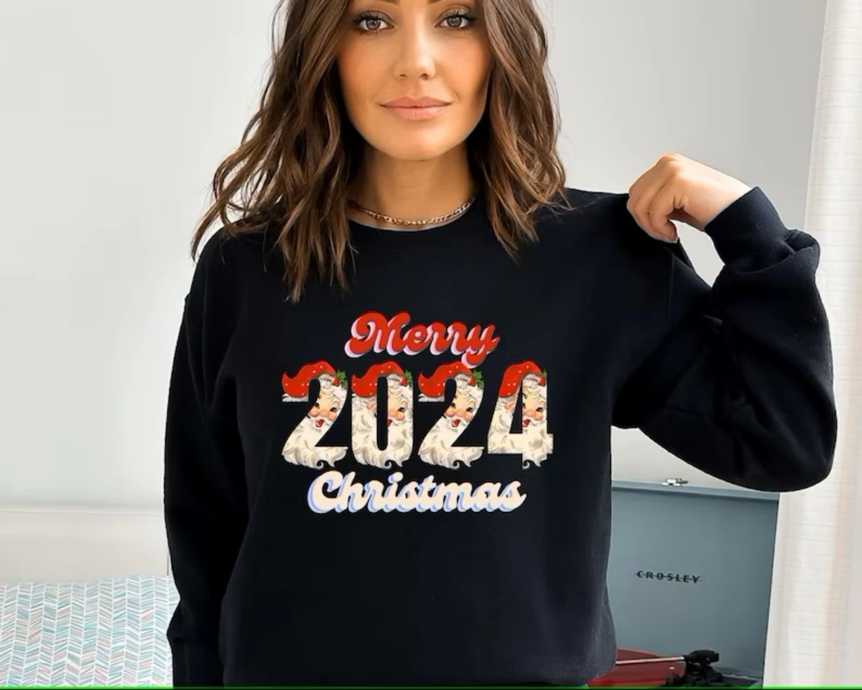 Merry Christmas 2024 Sweatshirt Funny Happy New Year Crewneck Pullover Top Cute Funny Shirt Winter Women Clothes