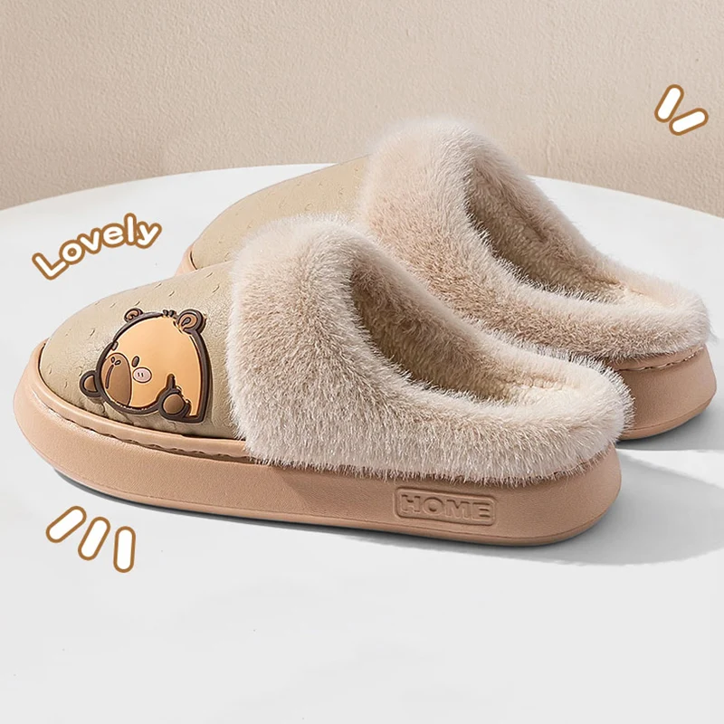 Cute Capibala Cotton Slippers Women Indoor Waterproof Non Slip Fluffy Slippers Woman Comfortable Thicken Plush Warm Home Slides