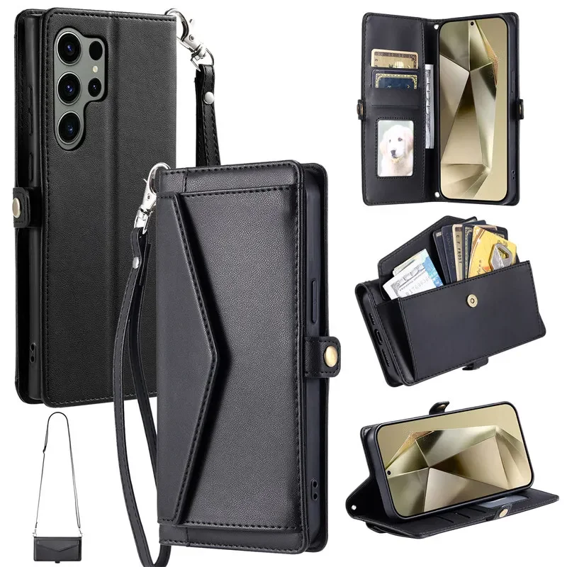Premium Flip Leather Phone Wallet with Long Lanyard - Card Holder Case Cover