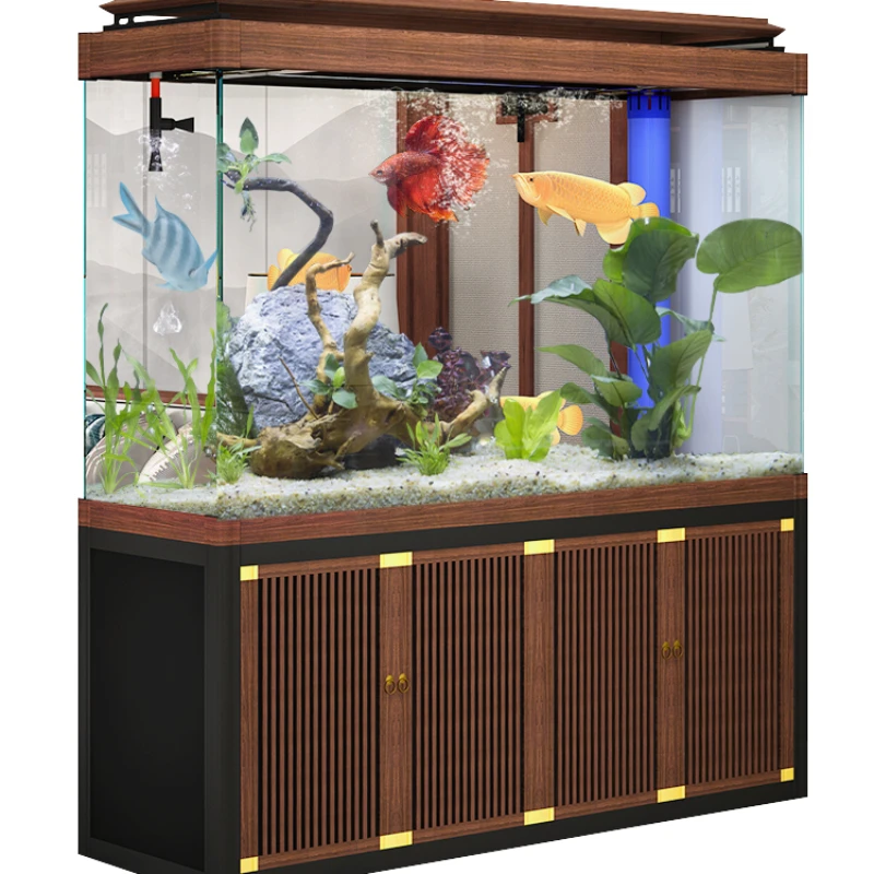 

Large aquarium living room Aquarium household wood grain ultra white partition wall screen porch glass bottom filter