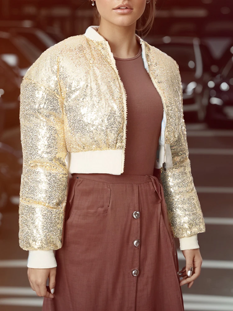 Tossy Sequin Luxury Fashion Outwear Cropped Female Autumn 2023 New Long Sleeve Glitter Cardigan Zipper Women's Coat Streetwear