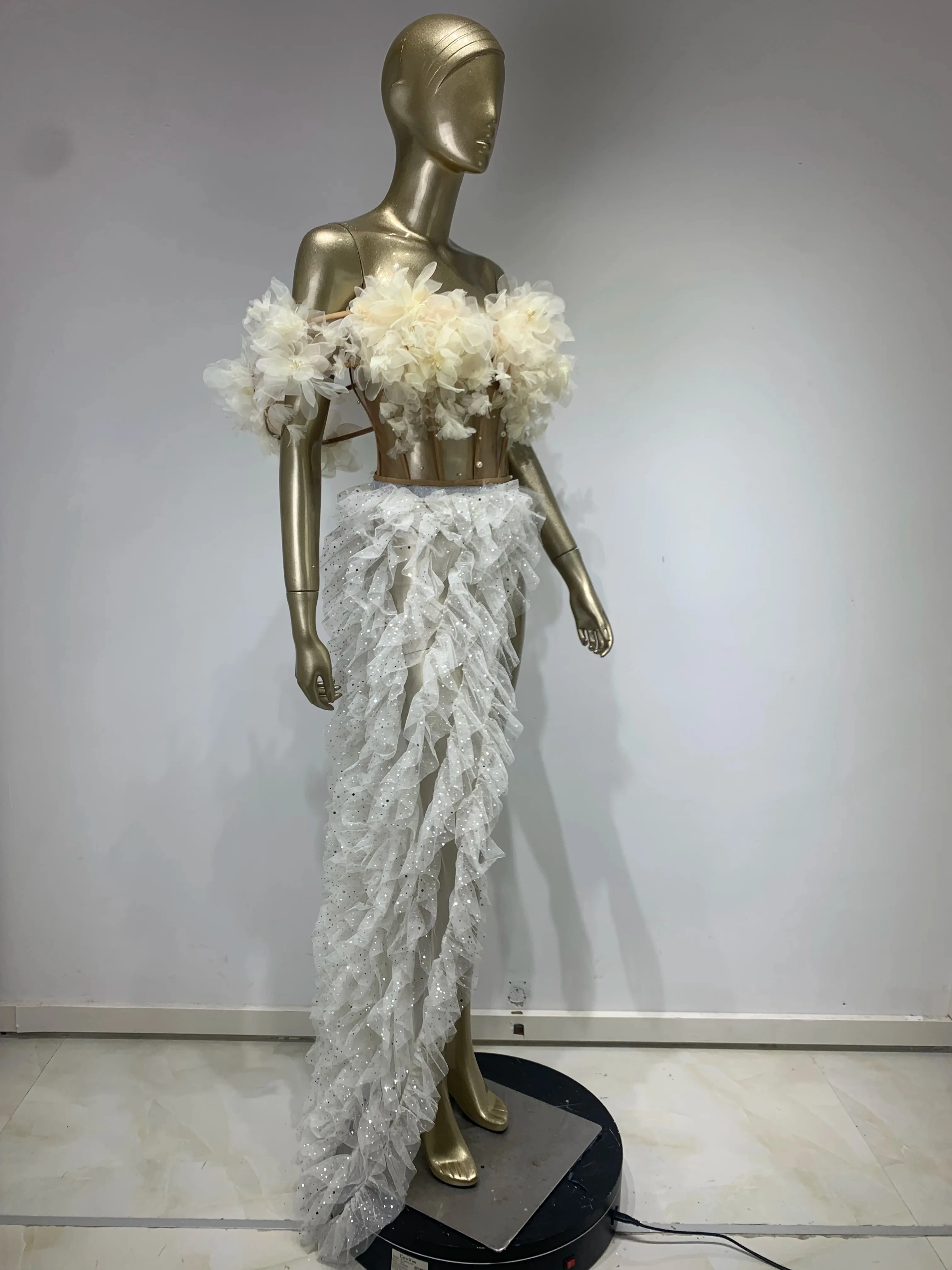 2024 Women Luxury Off Shoulder Slash Neck Ruffles Floor Skirts Celebrity Designer Fashion Women's Set