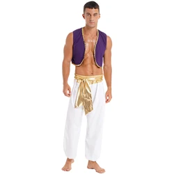 Arabian Prince Aladdin Costume for Men - Cosplay Dress-Up Outfit with Waistcoat and Harem Pants for Halloween, Theme Parties, and Stage Performances (Gold)
