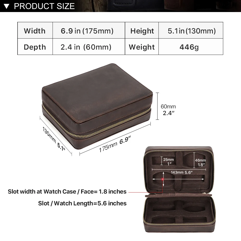 Genuine Leather 4 Slot Watch Box Display Case Storage Watch Organizer Zipper Travel Collector Case with Card Holder Pocket