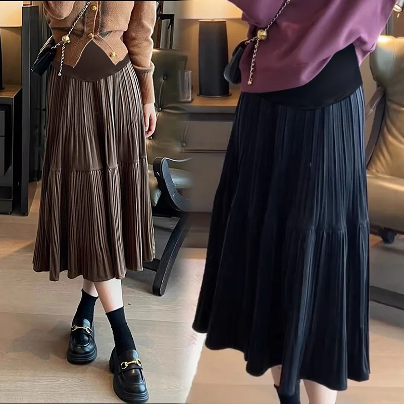 Autumn Winter Pregnant Woman Pleated Skirt Large Hem Fashion Maternity Velour Skirts High Waist Pregnancy Empired Skirts 85cm