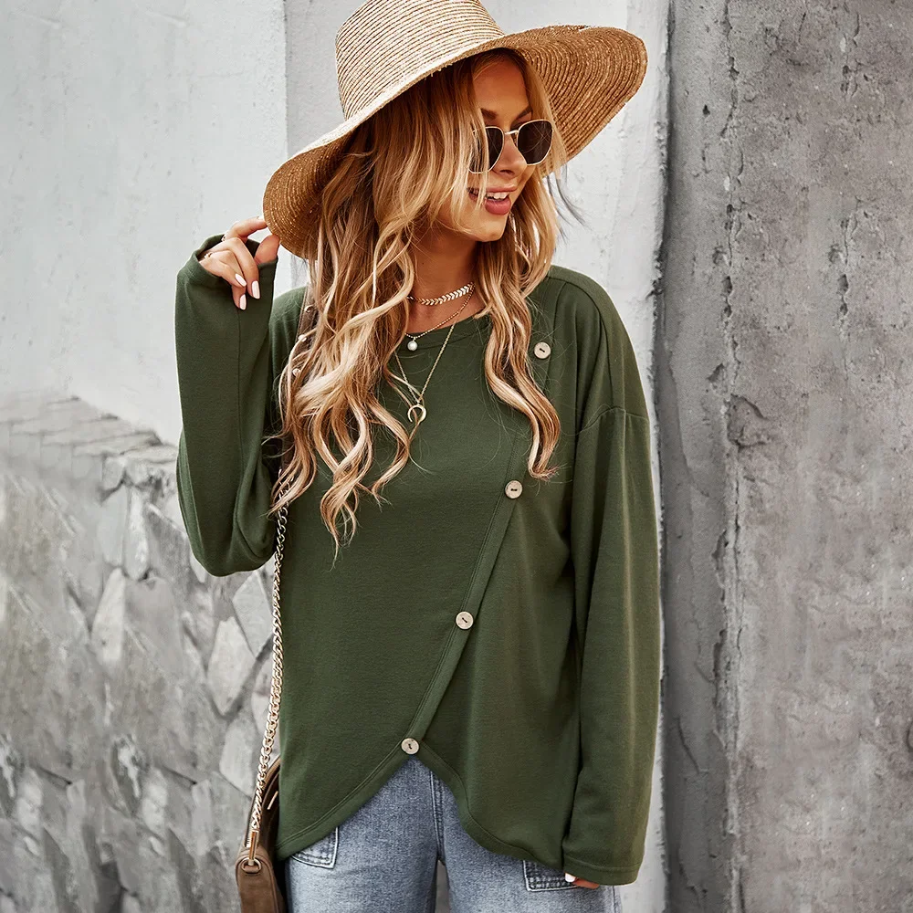 Autumn Winter Warm Irregular Pullovers Women Fashion Solid Colors Long Sleeve O-Neck Sweatshirts 2023 New Button Cotton Pullover