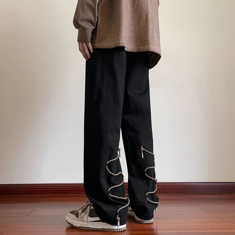 

Hybskr Men's Wide Leg Pants Solid Fashion Braided Rope Straight Pants Vibe Street Hip Hop Elastic Waist Loose Male Trousers 5xl