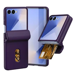 Premium Card Holder Skin Feel Hard Shell Phone Case with Hinge Protection and Kickstand - Galaxy Z Flip5 (Deep purple)