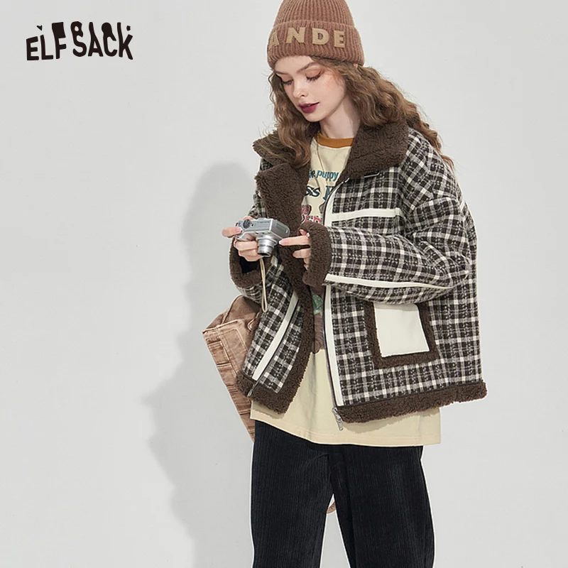 

ELFSACK Lmitation Lamb Hair Vintage Plaid Coats Women 2023 Winter Warm Outwears