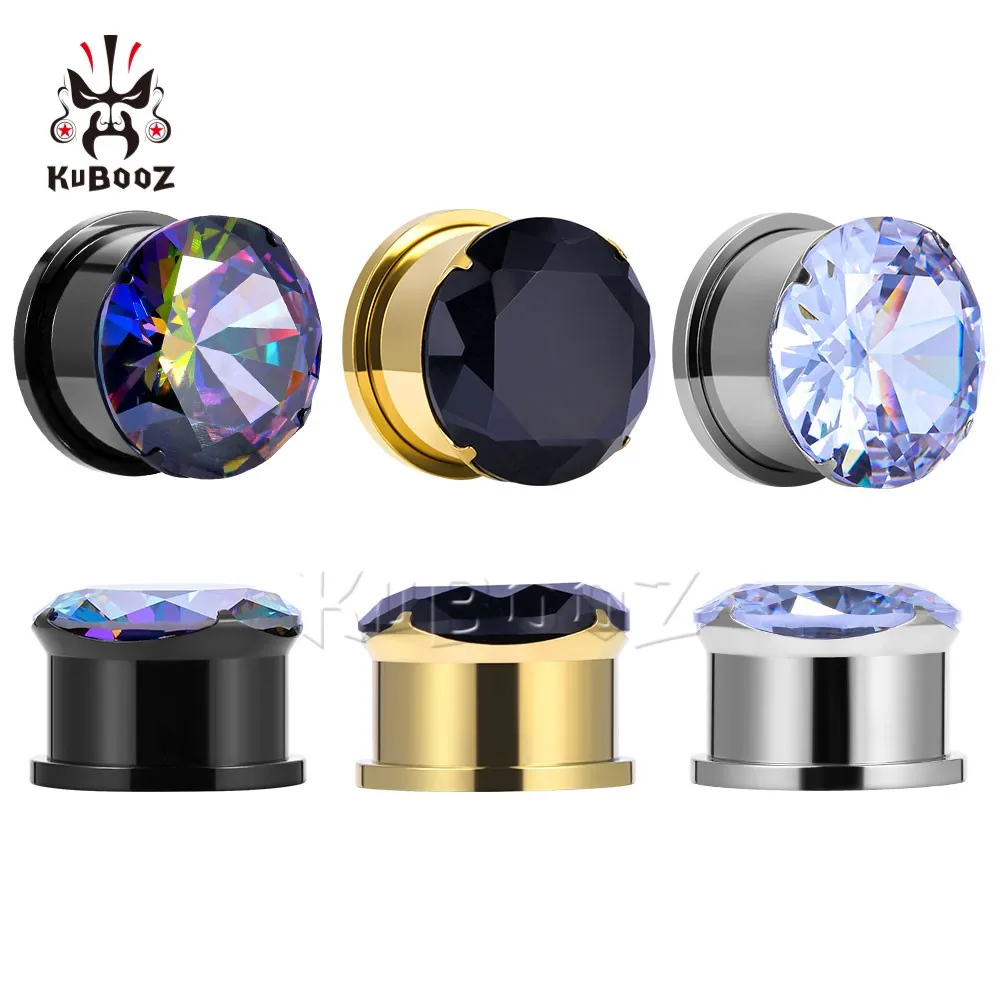 

KUBOOZ Simple Stainless Steel Inlaid Zircon Ear Expander Plugs Tunnels Earrings Gauges Piercing Body Jewelry Stretchers 2PCS