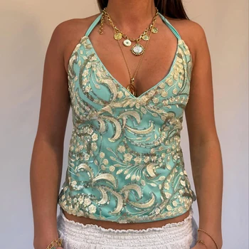 Glitter Beaded Shirt Vest Boho Beach Vacation Crop Top Sequin Sparkly Backless Tie Up Halter Tops Women Y2k Fairy Coquette Camis 1