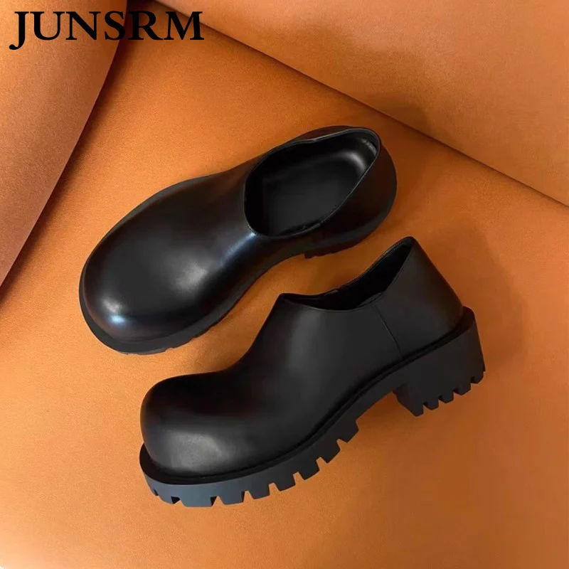 

2023 New Black Retro Big Head Shoe For Women Fashion Lace-up Thick-soled Small Leather Shoes Daily Casual Slip-on Derby Shoe Men