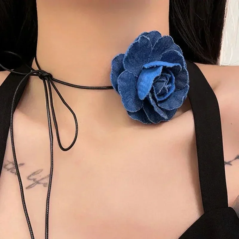 Women Jewelry Adjustable Flower Rose Pendant Choker Y2K Collarbone Chain Jeans Cloth Wax Rope Necklace
