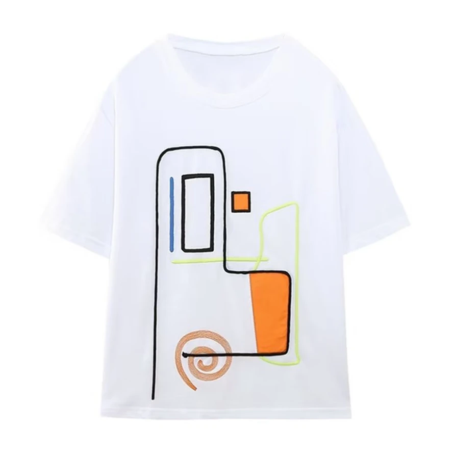 

Dave&Di High Street Fashion Ladies Printing Round Neck Embroidered Cotton Top Casual Short Sleeve Summer T-Shirt Women